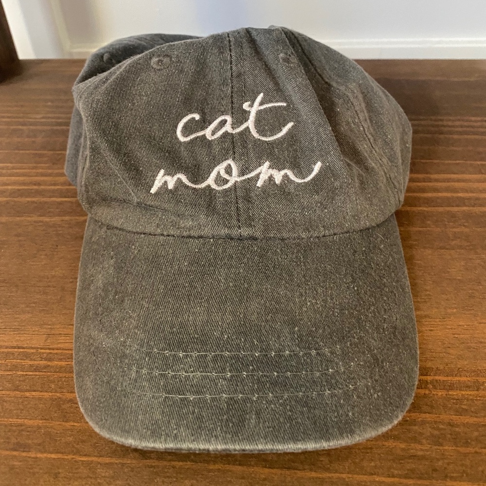 Charcoal Grey Cat Mom Denim Hat, Leather Strap